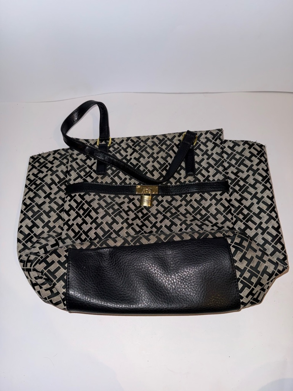 Tommy Hilfiger Black & Cream Patterned Tote with Front Pocket